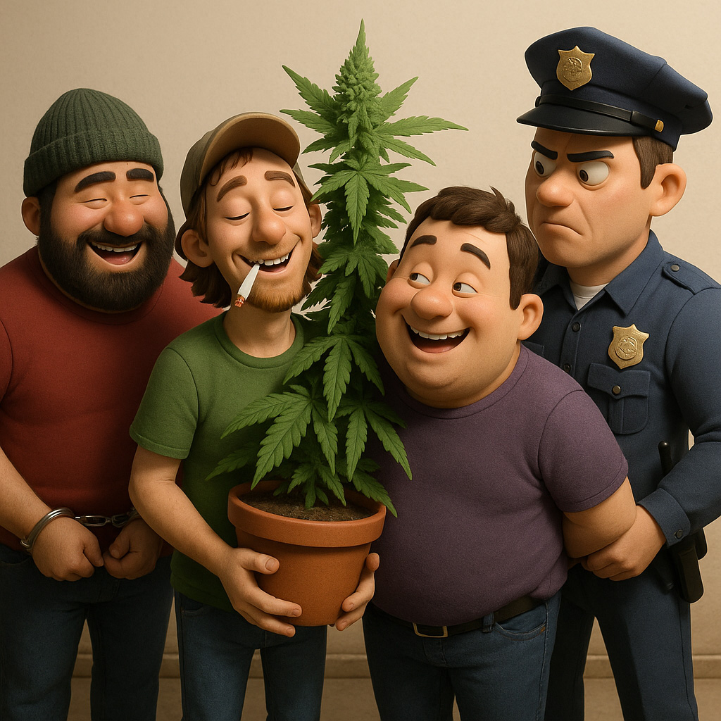 A 3D-rendered cartoon-style image features three smiling men with exaggerated expressions standing around a large potted cannabis plant. One man smokes a joint, another is in handcuffs, and the third laughs while holding the plant. A stern police officer stands behind them, arms crossed, in a softly lit, neutral-toned room.