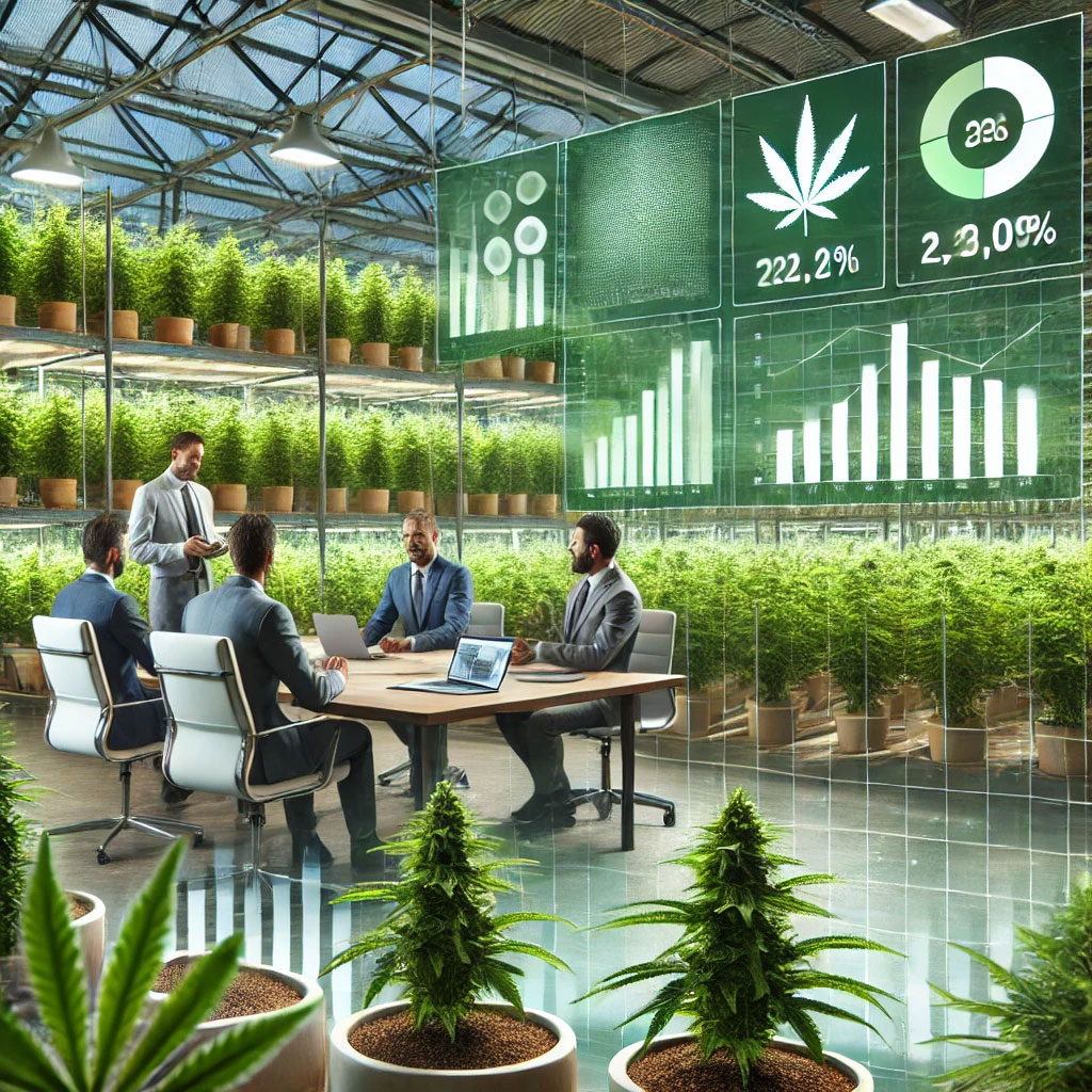 3D-rendered image representing the cannabis industry, featuring a greenhouse, professionals discussing industry growth, and market trend charts