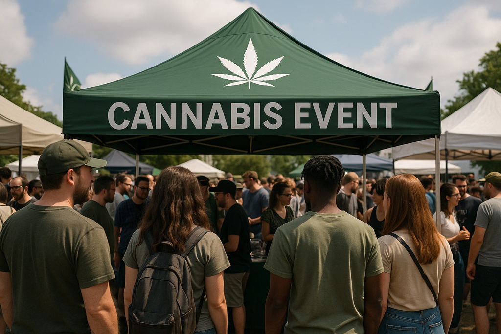 A Cannabis event with tents and many people milling around