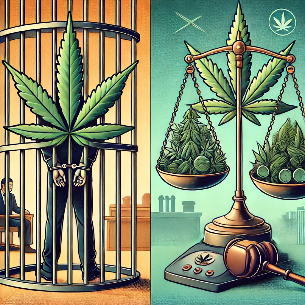 Illustration of the scales of justice balancing weed on a scale