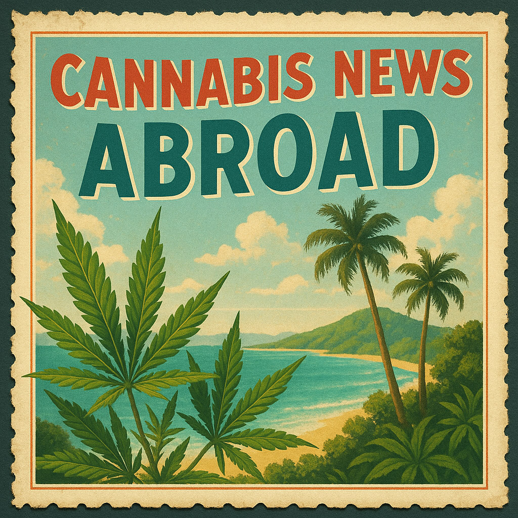 A vintage-style postcard illustration with the title “CANNABIS NEWS ABROAD” in bold red and teal letters. The scene depicts a tropical coastline with turquoise water, lush green hills, and palm trees. In the foreground, several large cannabis leaves are prominently displayed. The image has a nostalgic, travel-poster aesthetic with a soft color palette and decorative border.