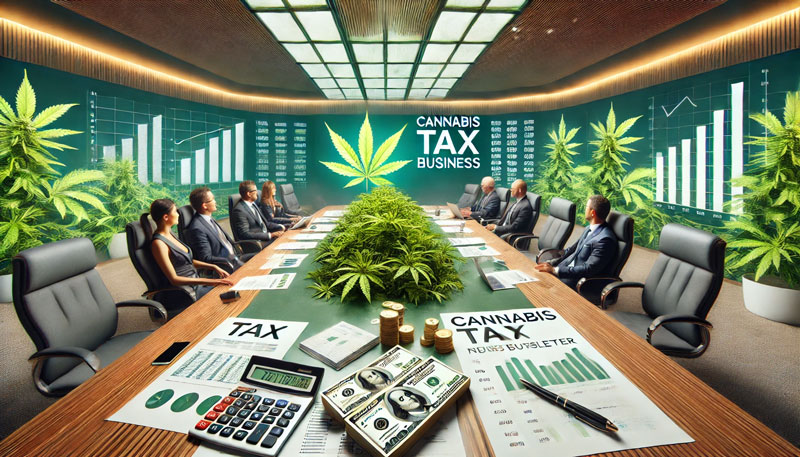 Cannabis business being conducted in a board room with cannabis Tax charts and number projected on the walls