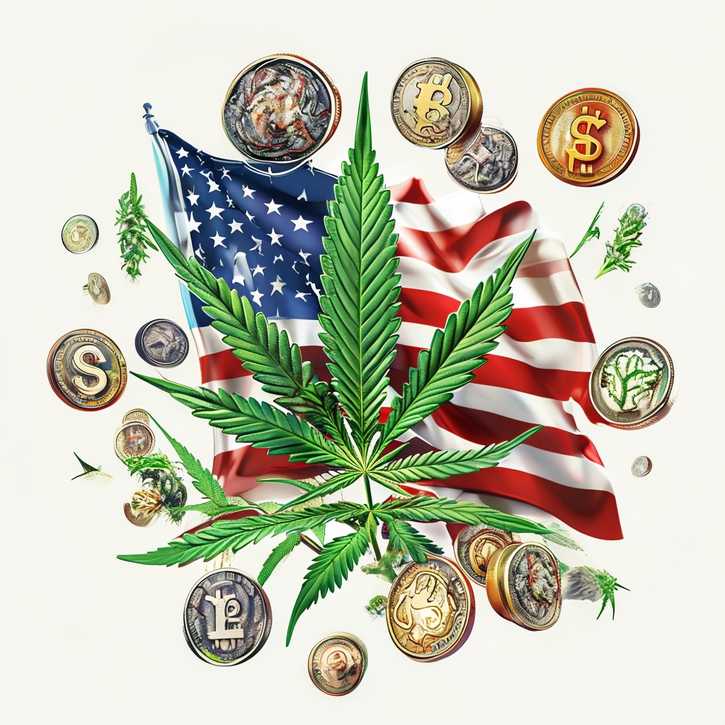 Cannabis leaf on top of the U.S. flag surrounded by various countries' currency in coins