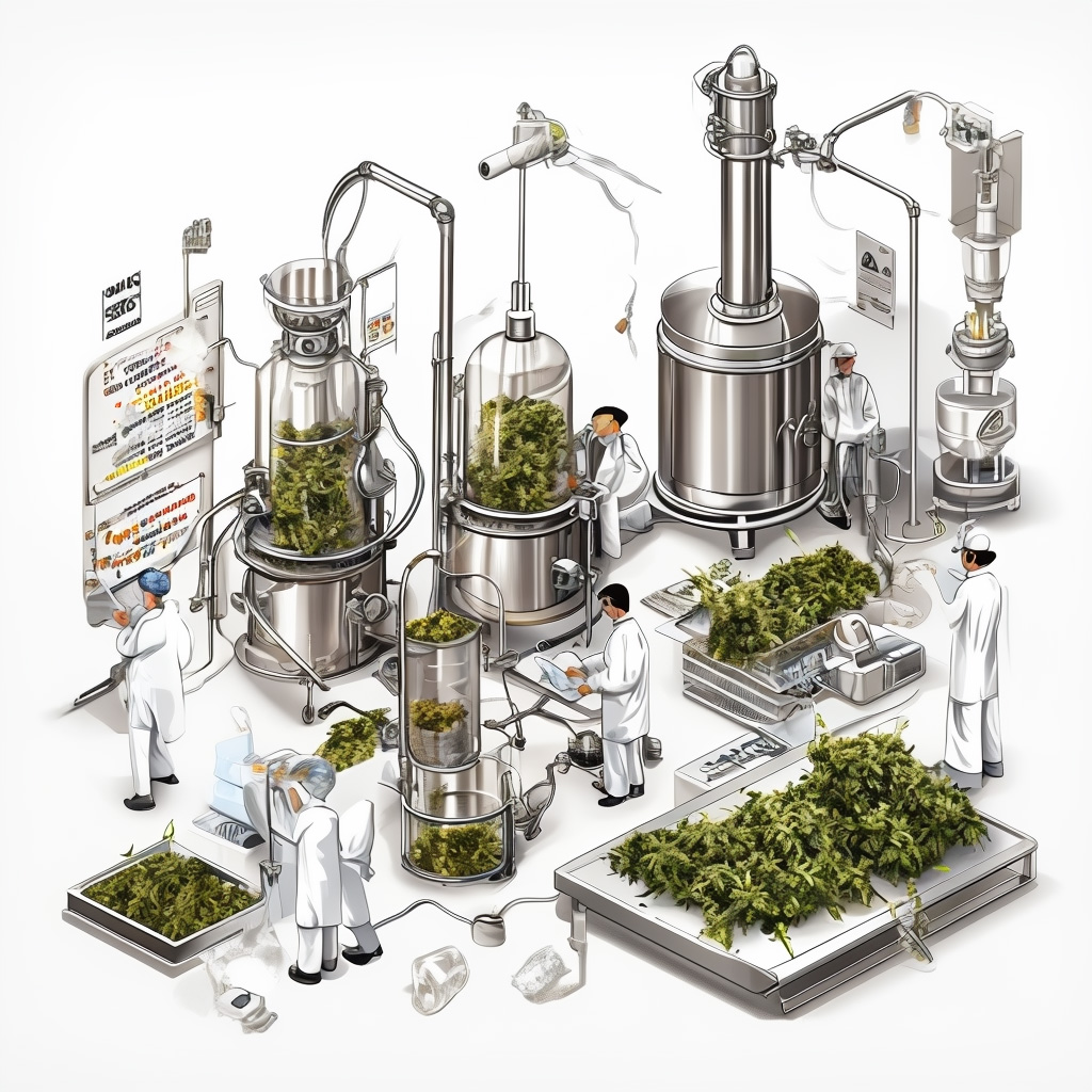 Cannabis lab with beakers filled cannabis and lab technicians in small size around them