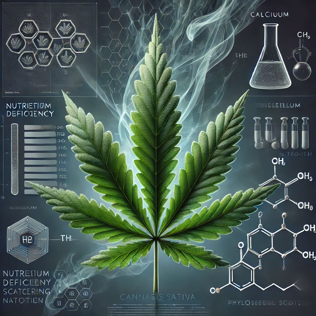 Cannabis leaf with smokey and hazy accents, with chemistry charts and lab drawings on a chalkboard in the background. chemical structures, beakers, calcium, nutrient, deficiency, molecular structure