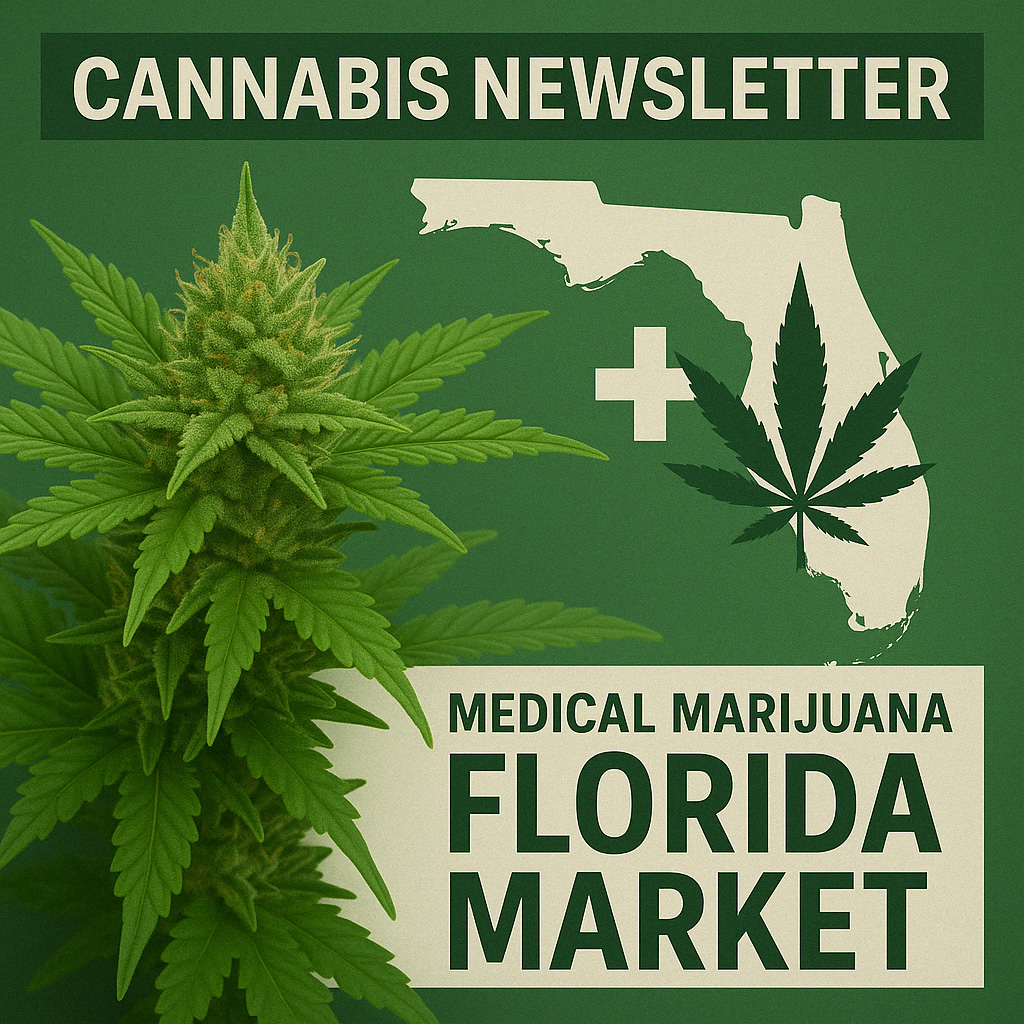 Cannabis Newsletter words, medical marijuana, Florida Market, images of cannabis maturing plant, fan leaf superimposed over the image of the state of Florida, and a medic cross symbol.