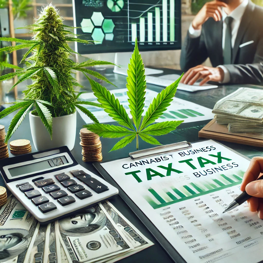 collage of tax-related cannabis items and cash with cannabis plants