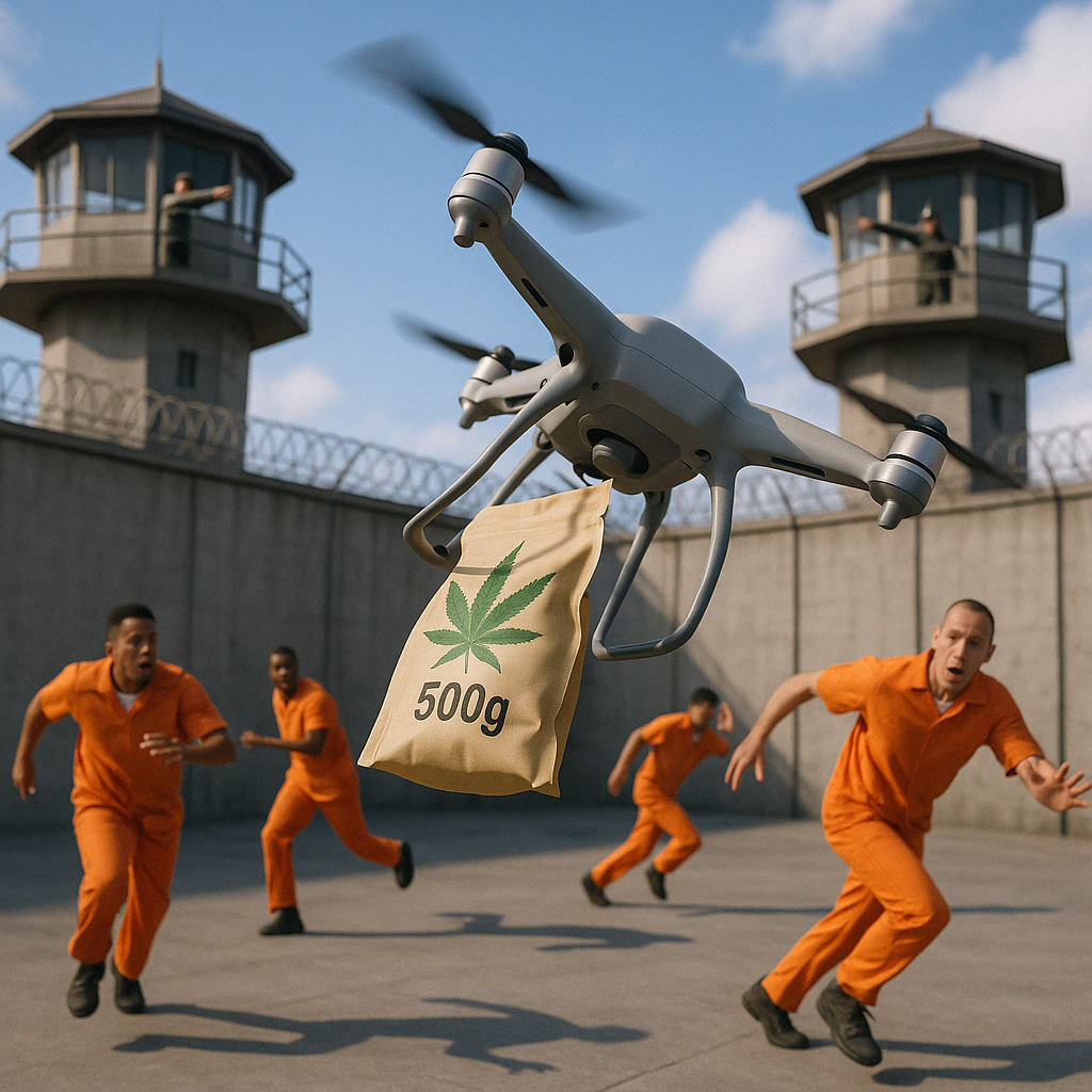 Crime and punishment image, of a drone flying over a prison wall, with inmates in orange jumpsuits scattering in different directions. The drone is dropping off a bag with a large cannabis leaf on it and the measurement of 500g on the outside of the sack. There are prison walls and guardtowers in the background, the drone dropping off the delivery is in focus in the foreground.