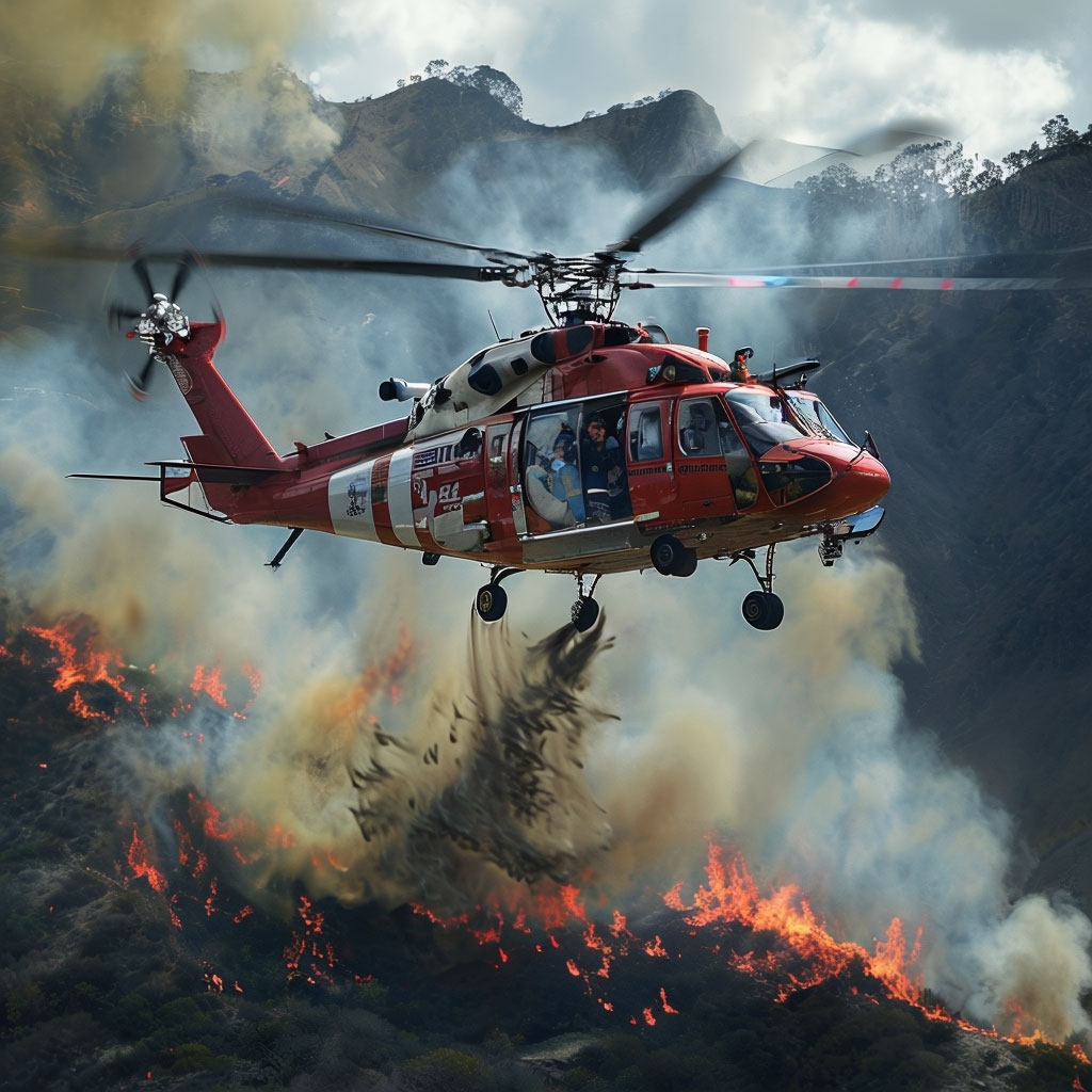 Fire-fighting plane dispensing flame retardant over a hillside