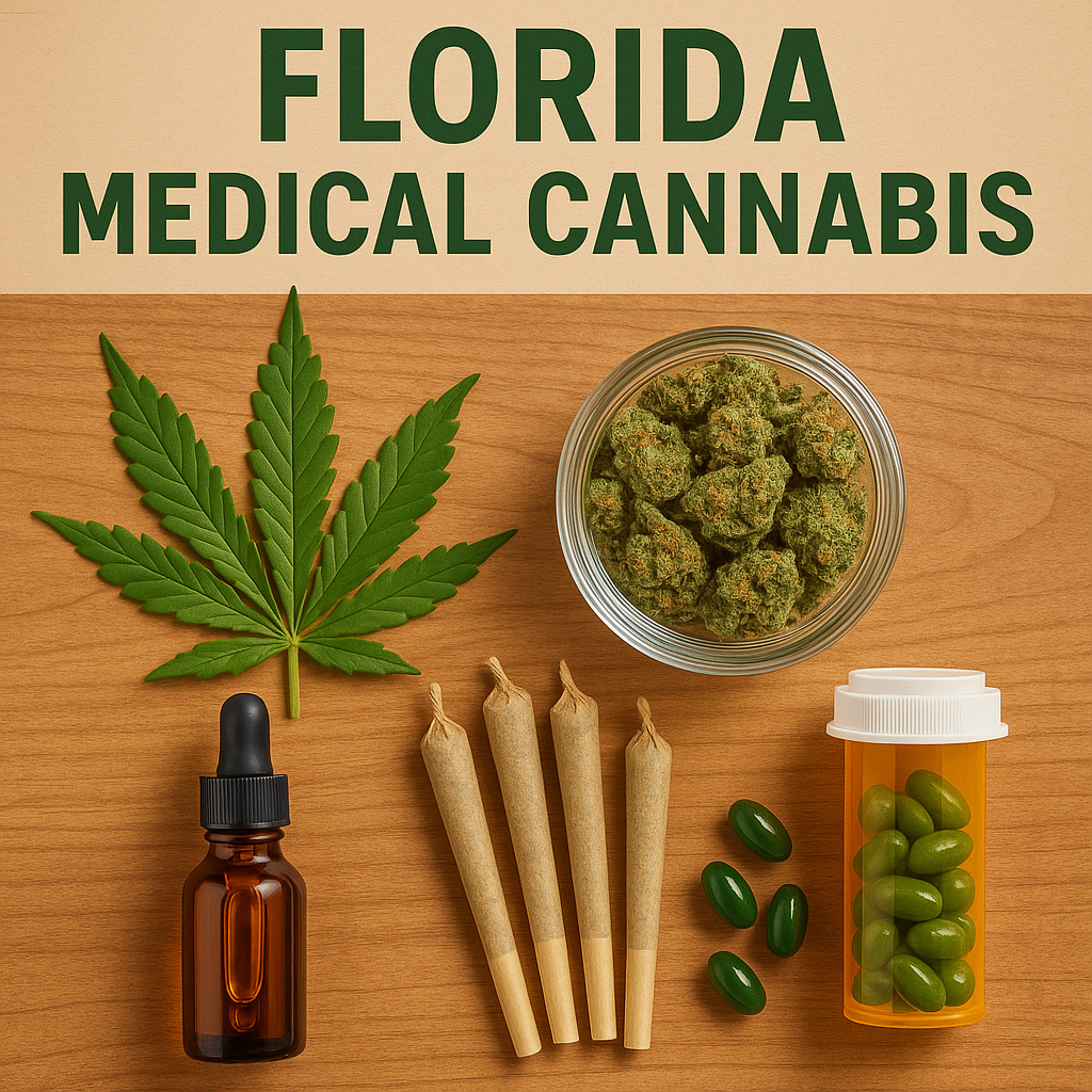 An overhead image displaying various Florida medical cannabis products on a wooden surface. Items include a green cannabis leaf, a glass jar filled with cannabis buds, four pre-rolled joints, a dropper bottle of cannabis oil, and a prescription bottle containing green softgel capsules. At the top, bold green text reads 'FLORIDA MEDICAL CANNABIS.'