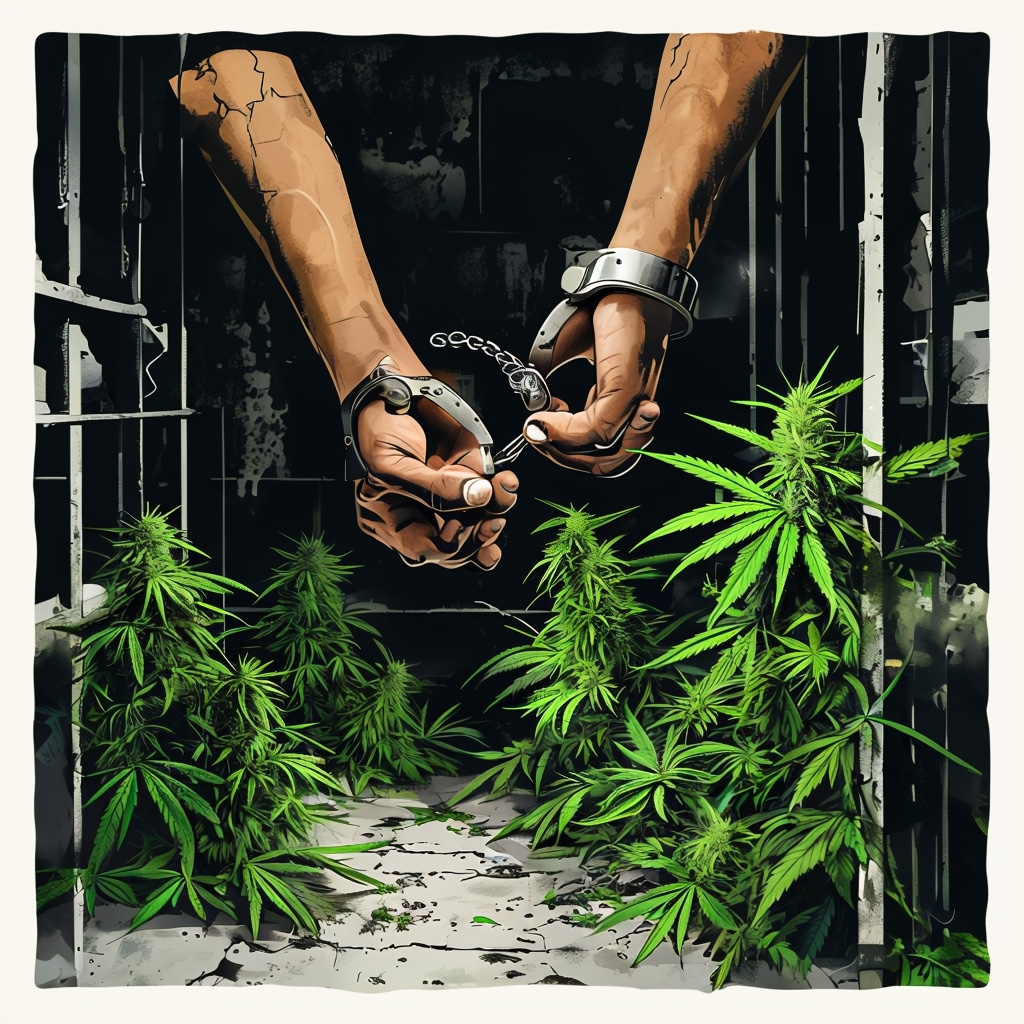 man's hands in shackles in a jail cell with cannabis scattered on the floor