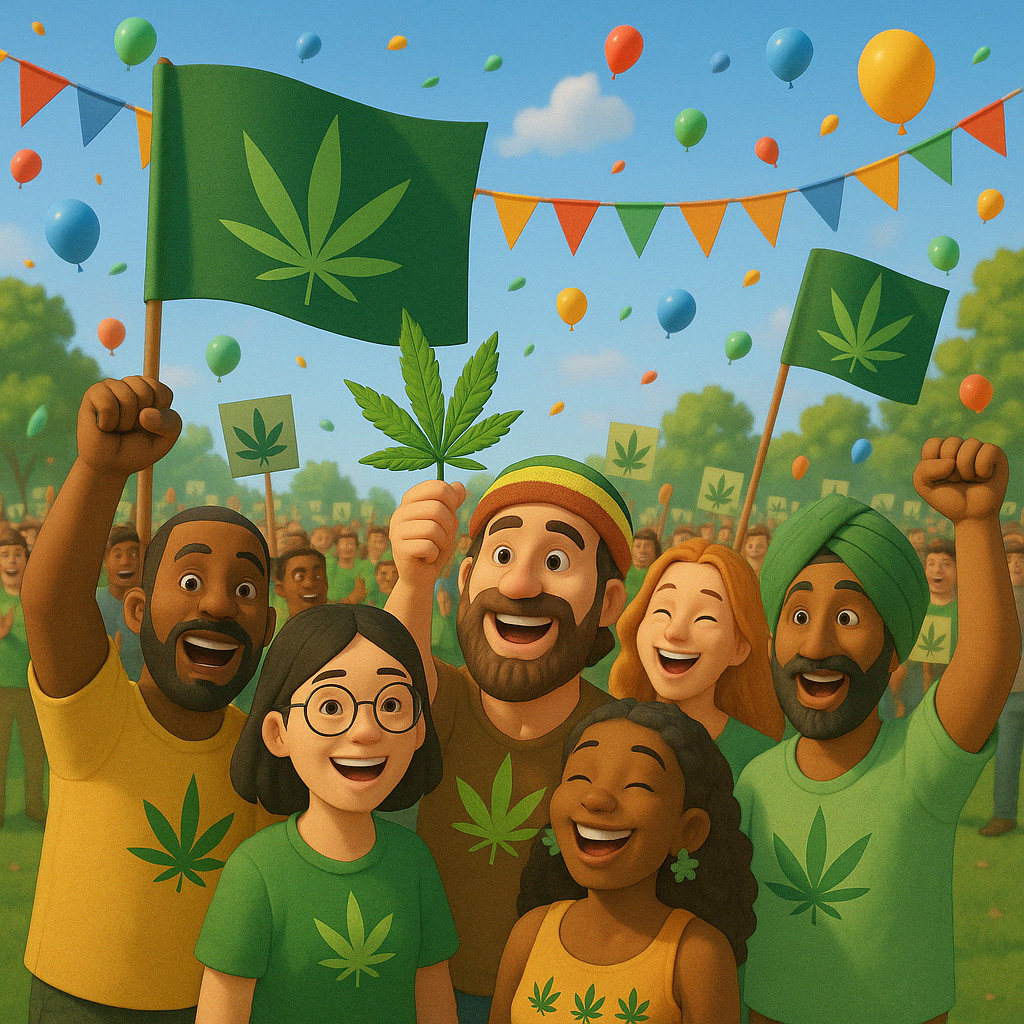 Festive multicultural cannabis cartoon character imagery of cannabis culture and industry members at some form of cannabis festival, joyous scene