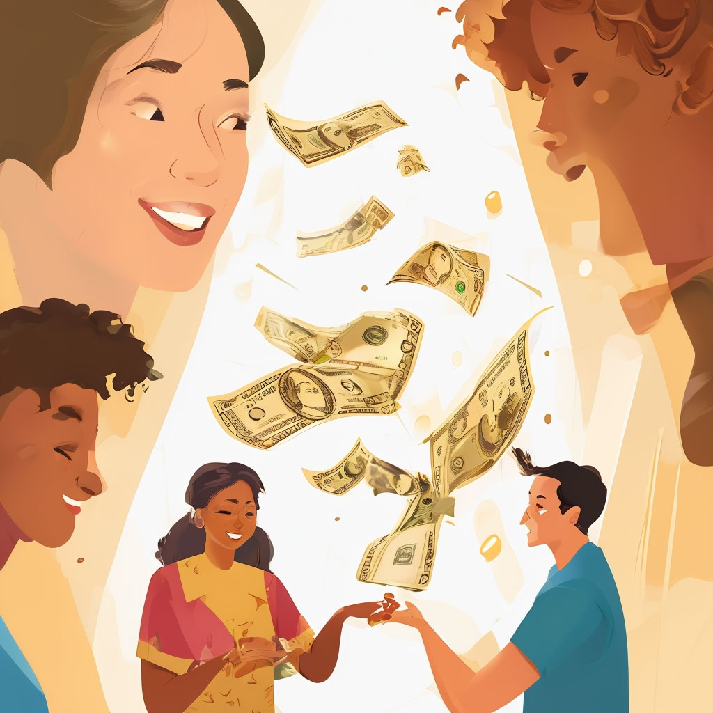 illustration of people happy and exchanging money