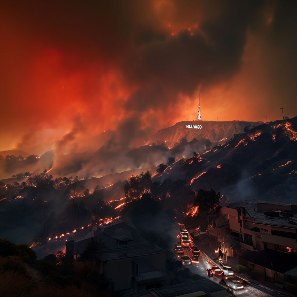 The hills in the Hollywood area on fire