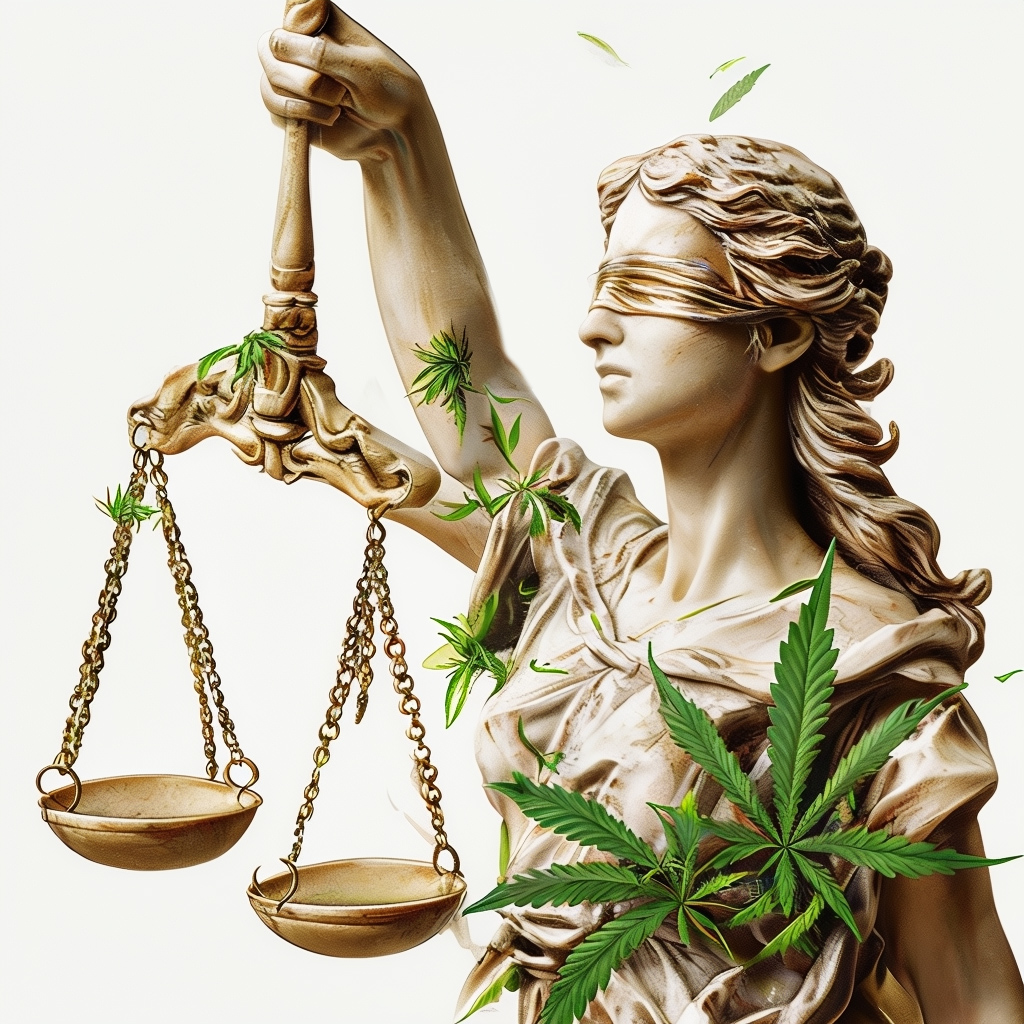 Lady Justice statue with cannabis sprinkled leaves on top