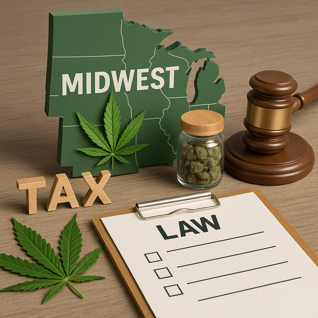 A 3D-rendered digital image features Midwest cannabis tax and law themes. A green silhouette map of the Midwest labeled "MIDWEST" is surrounded by a wooden gavel, a glass jar of cannabis buds, two cannabis leaves, wooden block letters spelling "TAX," and a clipboard labeled "LAW" with checkboxes. The items are arranged on a wooden tabletop with soft, even lighting.