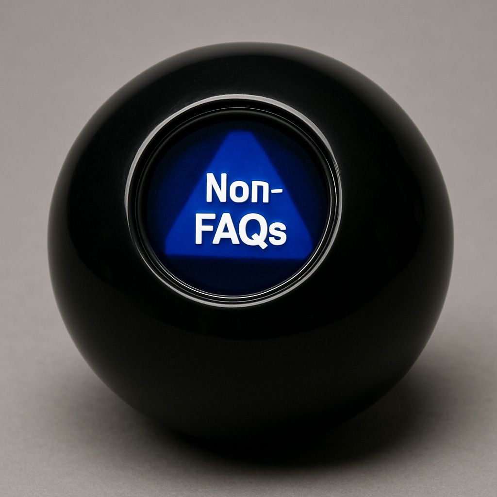 A photograph features a Magic 8-Ball, a spherical black toy with a blue triangular window at its center displaying the phrase "Non-FAQs" in white text. The 8-Ball sits on a neutral gray surface, with soft lighting creating subtle reflections on its glossy exterior.