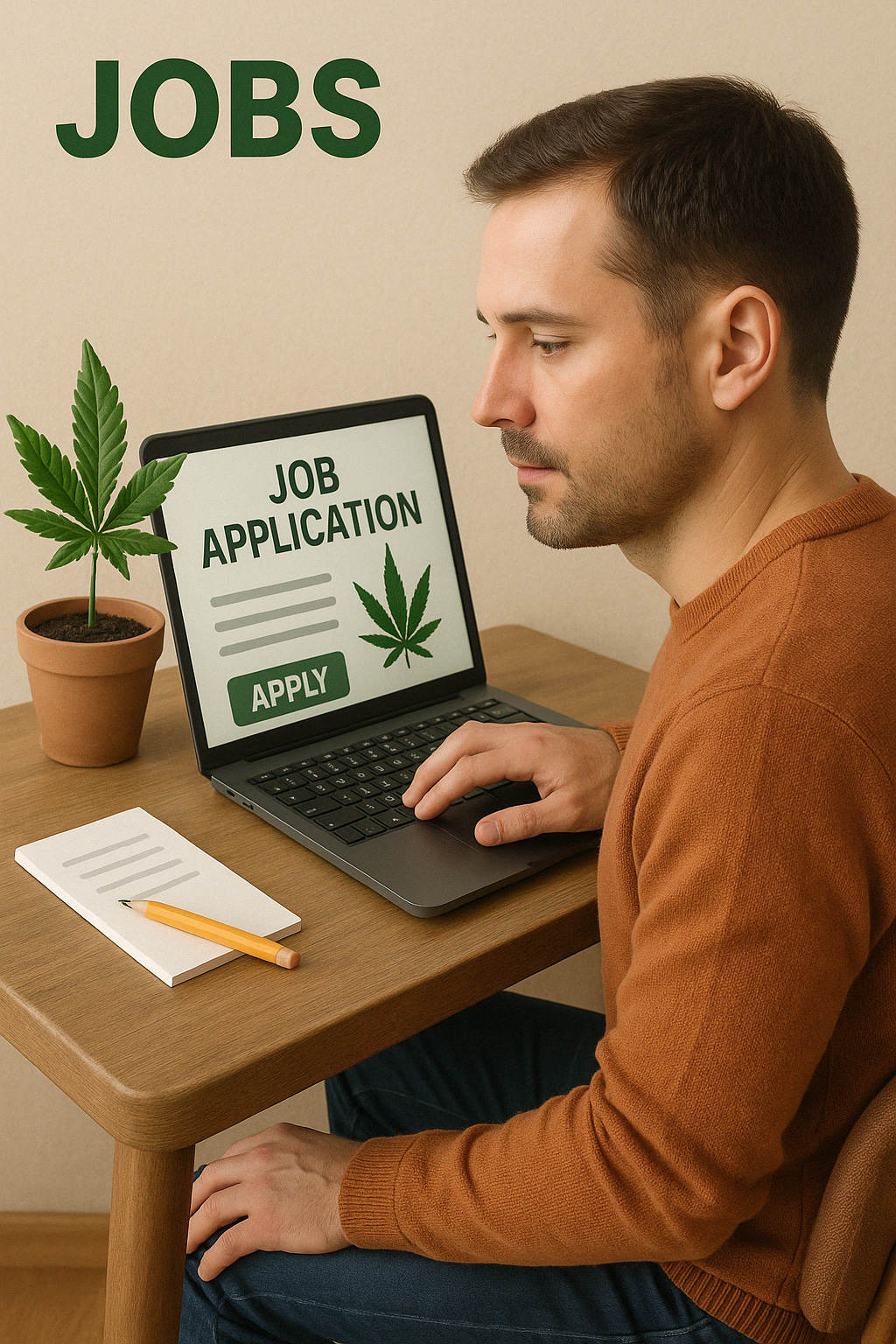 Job Applications, a man sitting at a desk with a computer on it, and a notepad and pencil, and a potted cannabis plant. He is applying for a cannabis industry position online.
