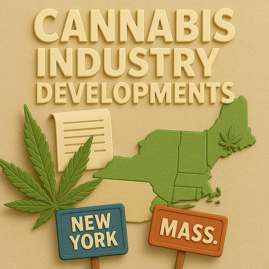 Illustration showing the Cannabis Industry Developments in New York and Massachusetts with a map of the northeastern United States