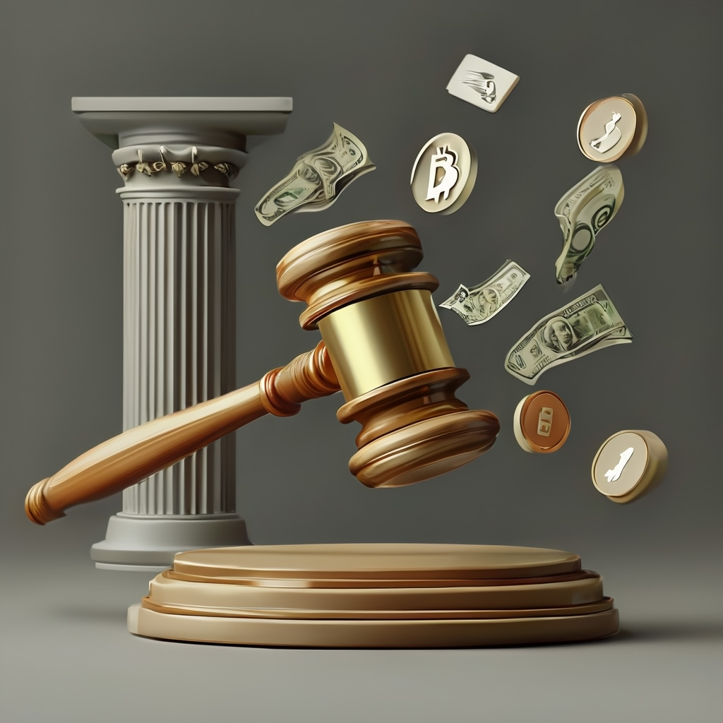 Pillar, gavel, and international money floating in that space around them