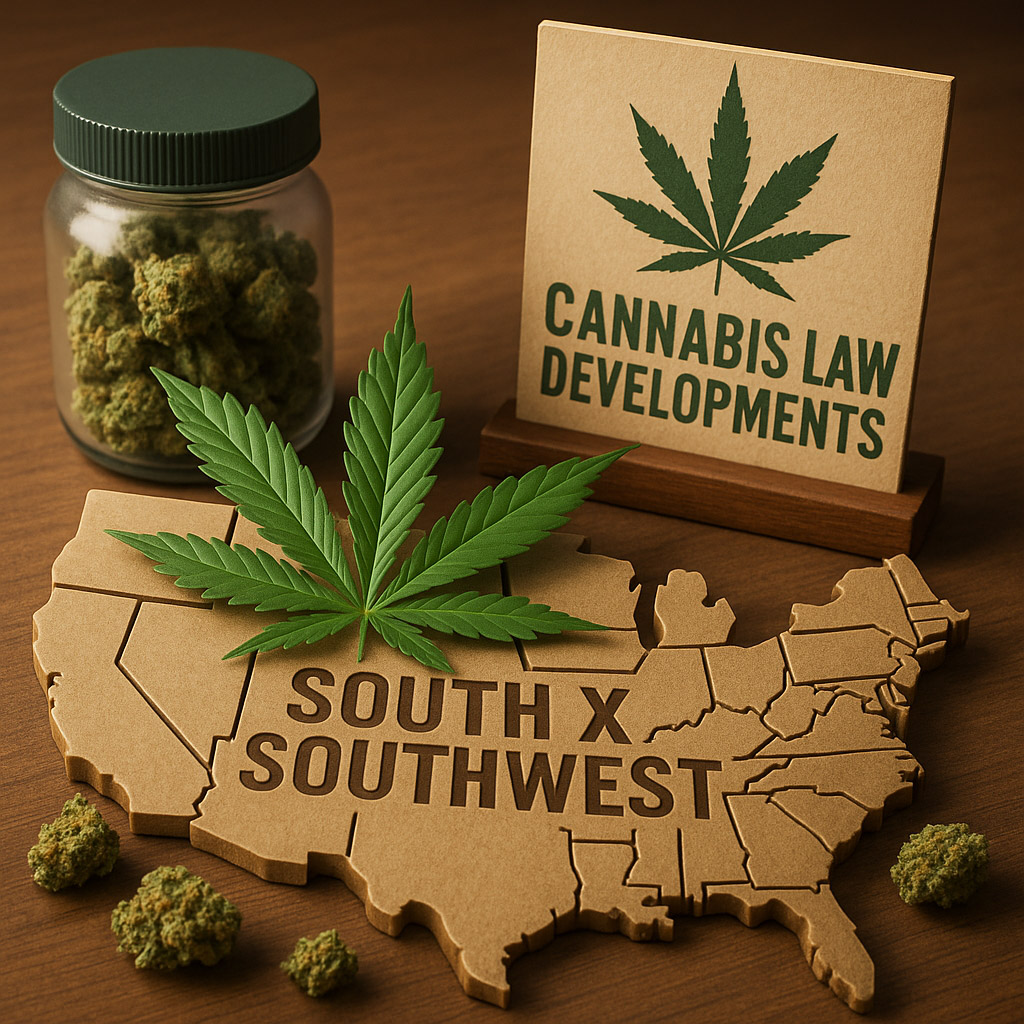 A 3D-rendered image featuring a wooden table with a carved map of the U.S. labeled “SOUTH X SOUTHWEST.” A large green cannabis leaf rests over the map. Nearby, a glass jar filled with cannabis buds and a cardboard display reading “CANNABIS LAW DEVELOPMENTS” with a marijuana leaf graphic emphasize the theme. Scattered buds surround the scene.
