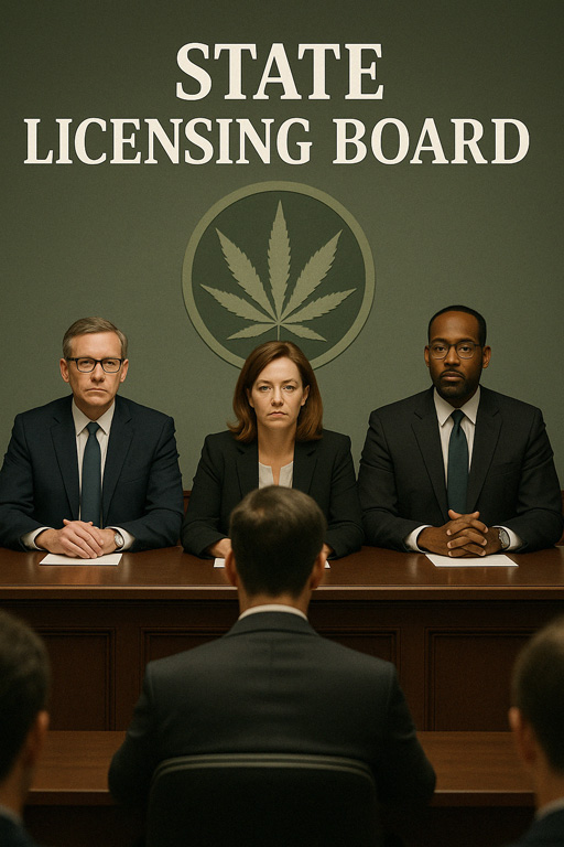 Cannabis State Licensing Board meeting, with a table with 3 government representatives on one side of the table - a white male, a white female, a black male in suits and blazers - and on the other side of the screen with their backs to you are the backs of the heads of folks sitting in front of the board. POV, in the gallery behind the board, watching the proceedings.