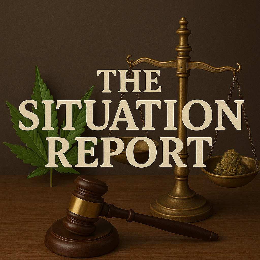 A 3D-rendered digital image featuring a legal and cannabis-themed composition. The phrase "THE SITUATION REPORT" is prominently superimposed in large, bold, off-white lettering at the center. Behind the text, a brass set of justice scales holds a cannabis bud in one pan, with the other pan empty. To the left, a vivid green cannabis leaf adds visual emphasis, while a wooden judge's gavel rests on a dark wood surface in the foreground. The background is a muted brown, creating a serious and authoritative tone.