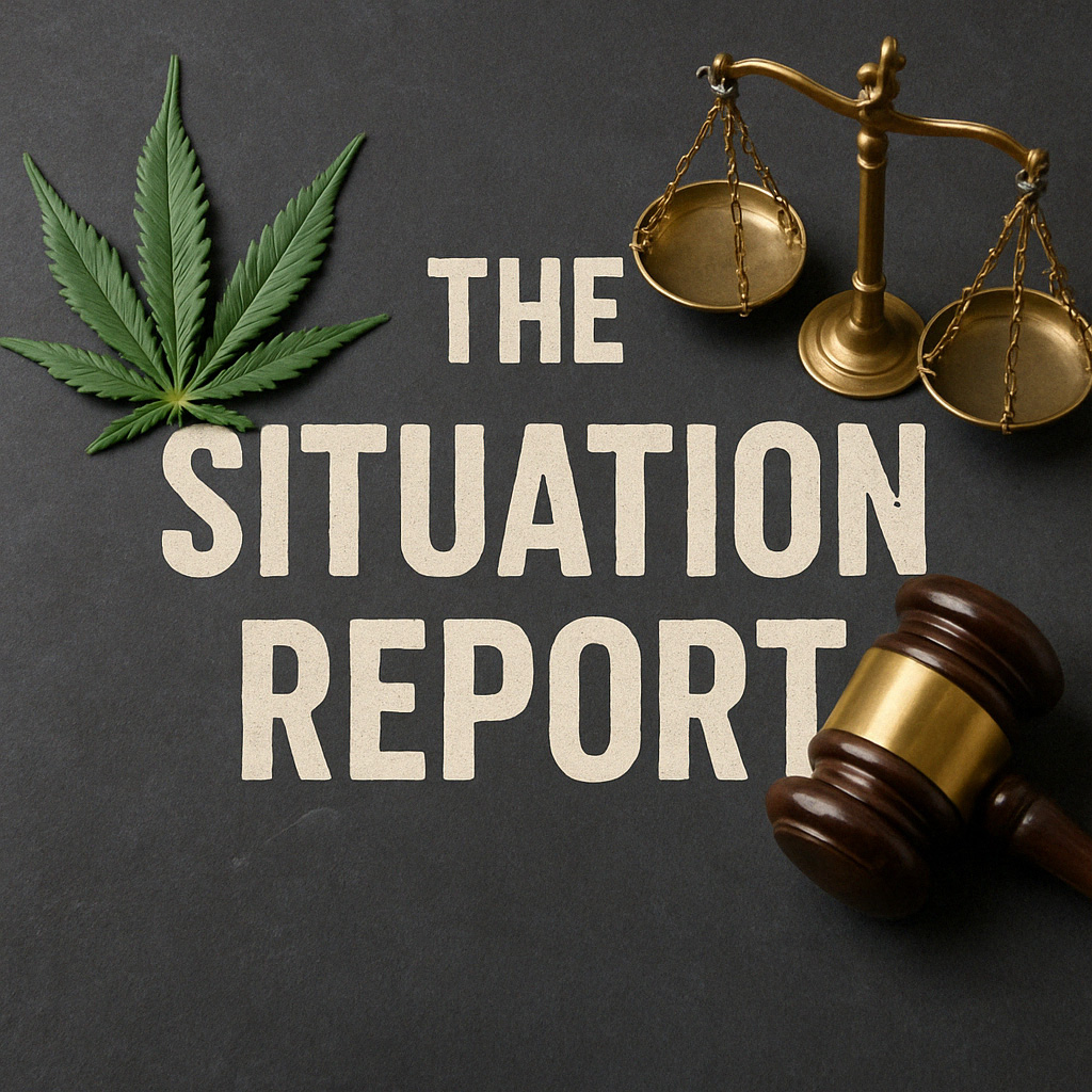 The Situation Report section of the newsletter WeedingTheNews.com , a cannabis fan leaf, a gavel, and the scales of justice sitting over the words 'The Situation Report'