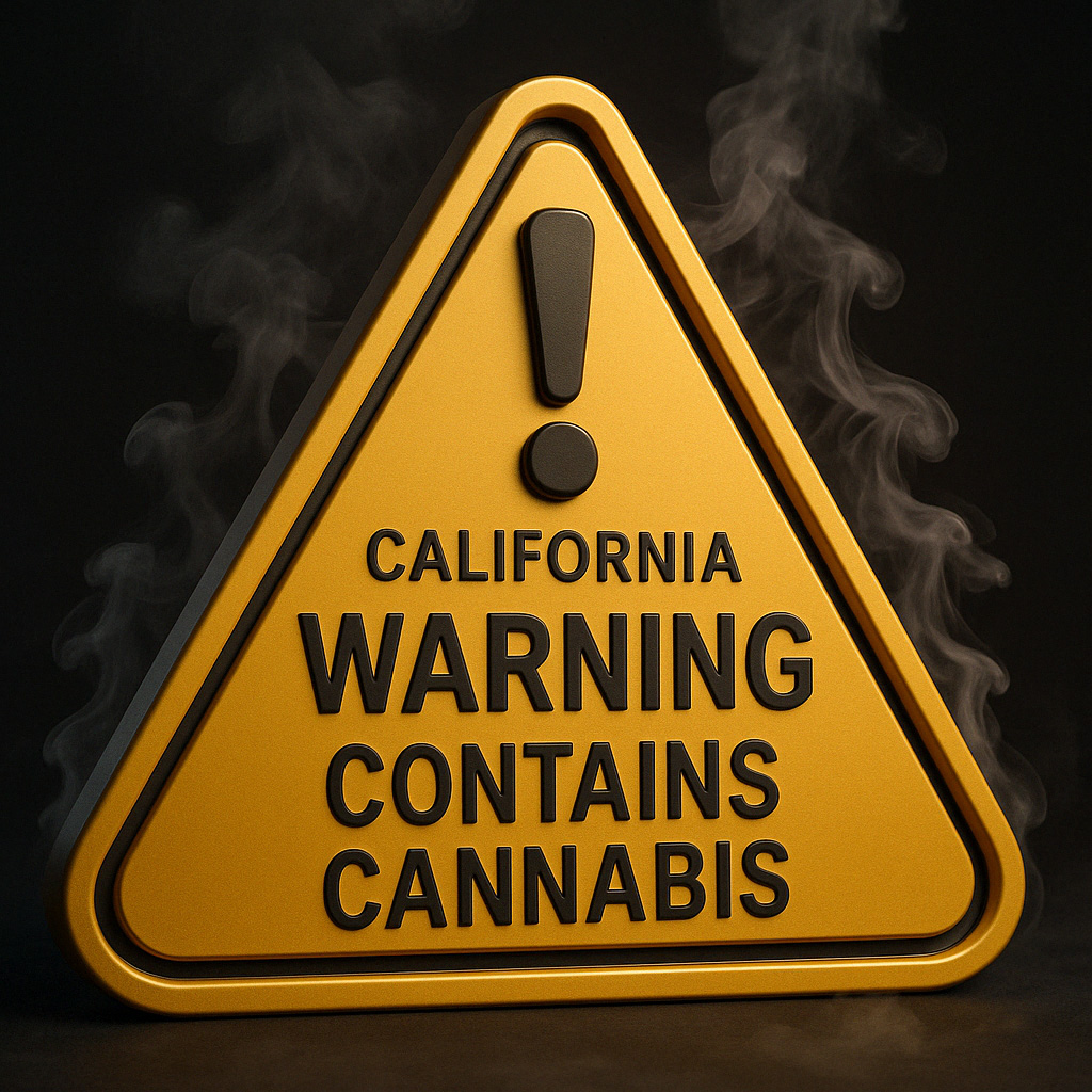Warning Triangle in yellow with black writing, in 3D rendering, the writing says, '! California Warning Contains Cannabis' and has wispy smoke around the sign, with a black background.