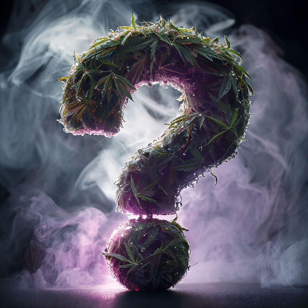 A question mark, covered in cannabis plant with smoke in the background