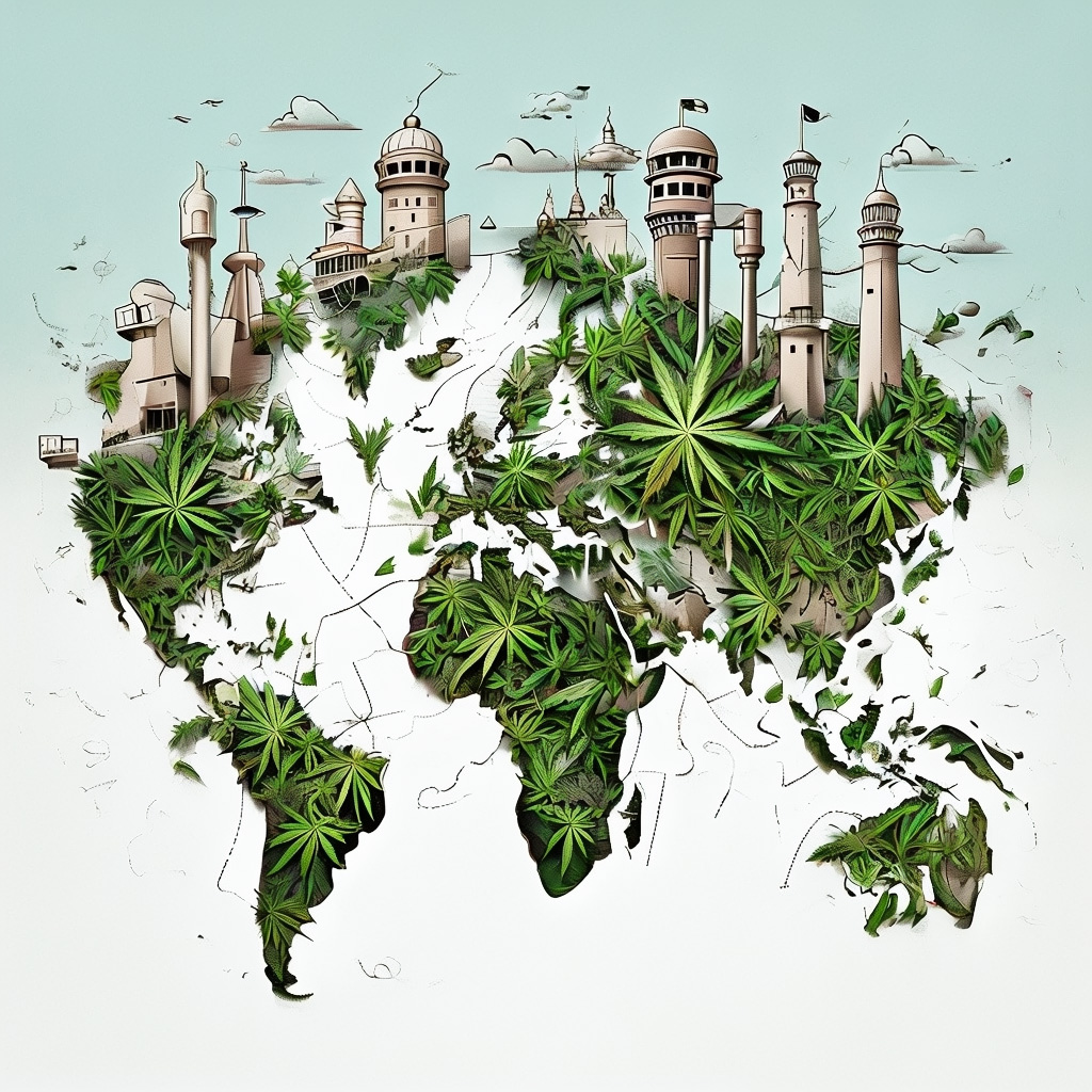 World map with cannabis leaves overlaid on it and prison towers illustration over the top of it