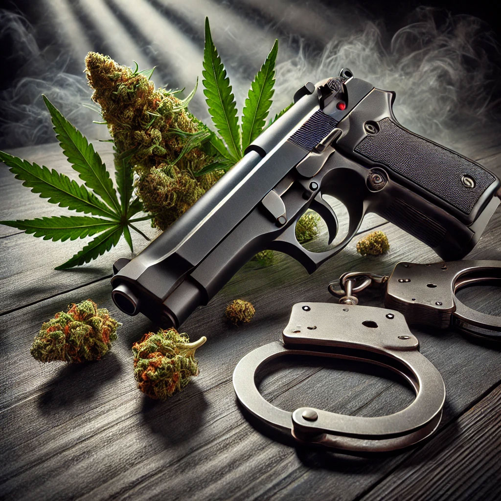 image of cannabis, a gun, and handcuffs in a crime and punishment theme