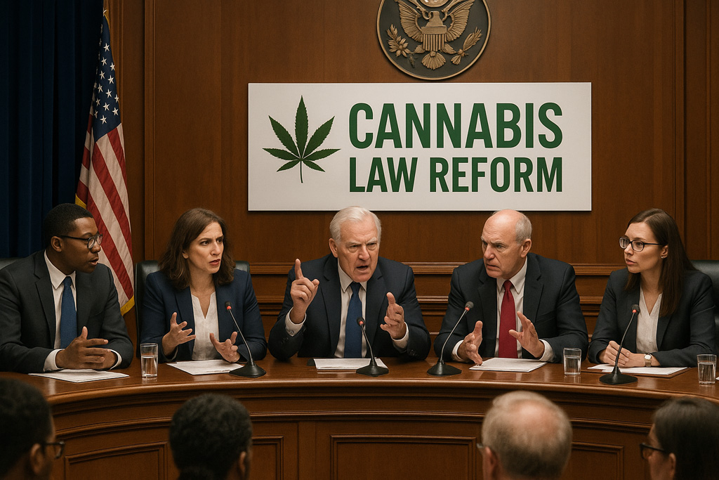 A congressional panel of five diverse U.S. lawmakers—three men and two women—debate cannabis law reform at a formal hearing. They sit behind a wood-paneled dais with microphones and documents, framed by an American flag, a federal eagle seal, and a large sign reading “CANNABIS LAW REFORM” with a green cannabis leaf graphic.