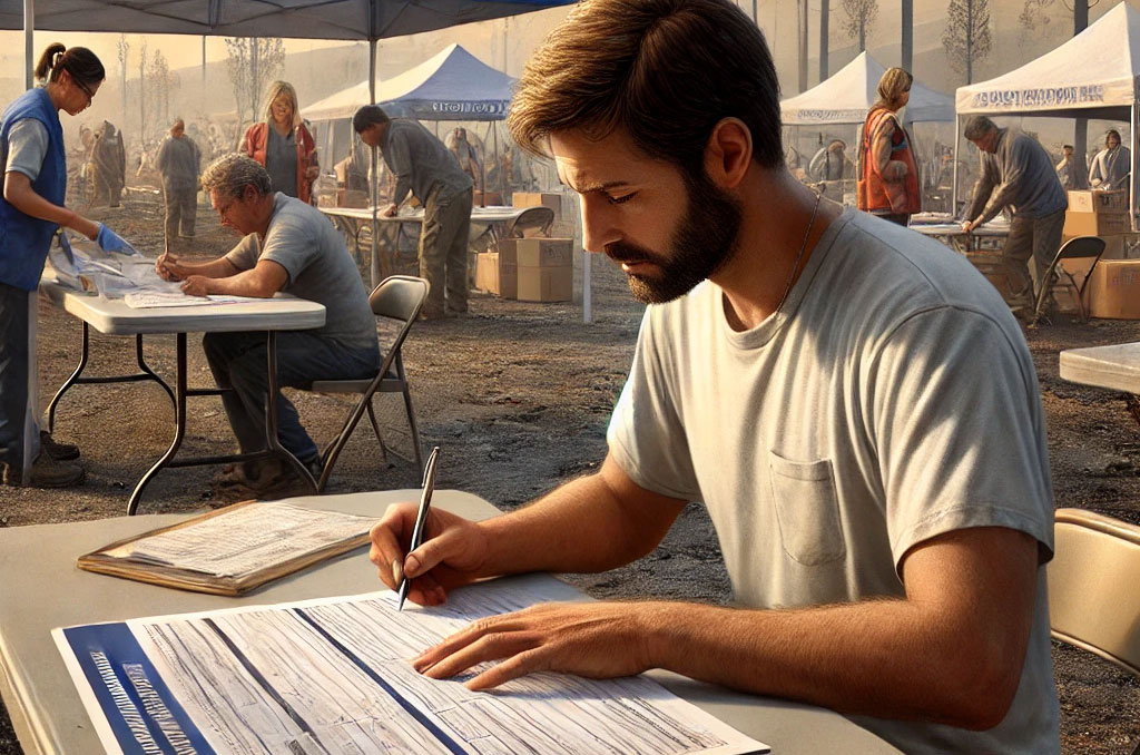 distressed victim of the los angeles county wildfires at an emergency processing center, filling out a form for the re-assessment of property value