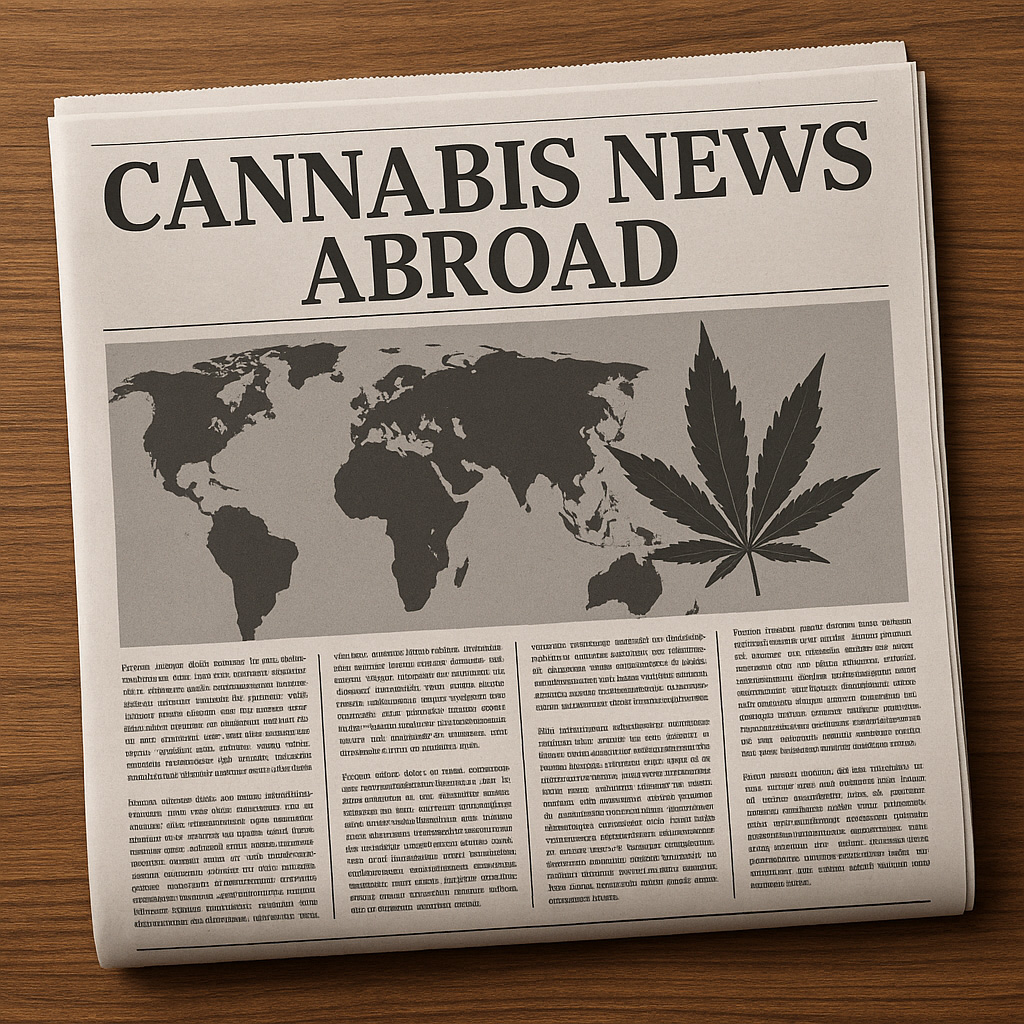 A folded newspaper titled 'CANNABIS NEWS ABROAD' lies on a wooden surface. Below the headline is a grayscale world map and a large cannabis leaf, both featured prominently. The layout mimics a traditional newspaper, with mock text columns giving it a realistic and professional appearance.