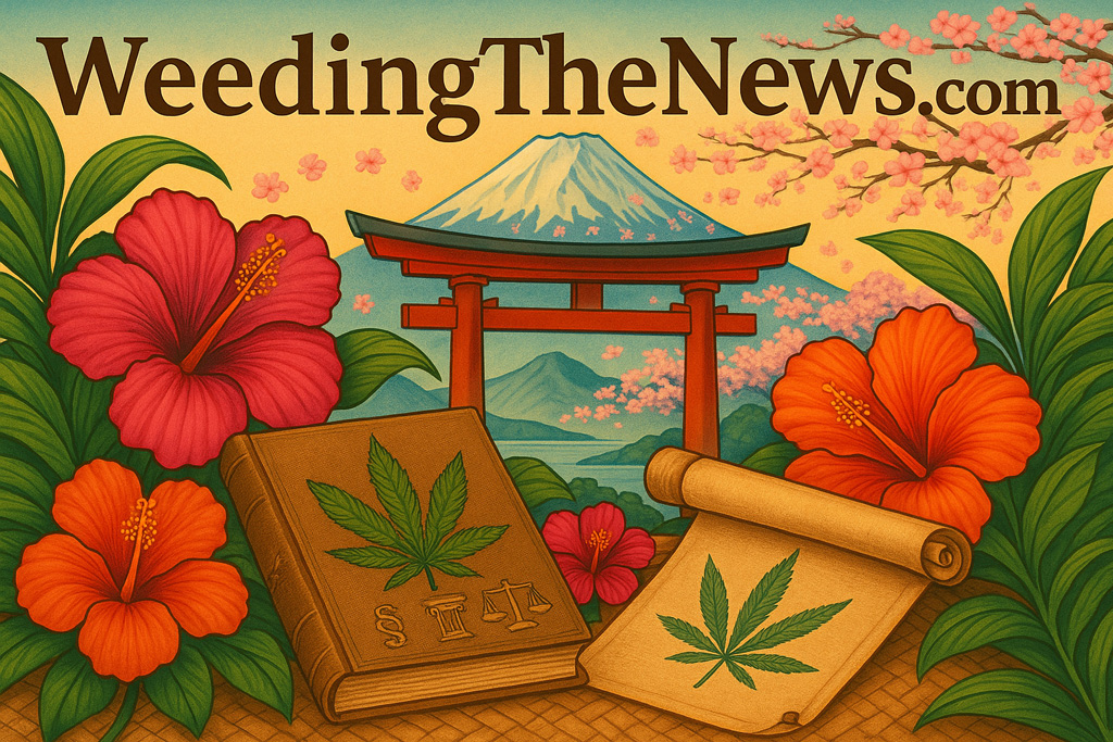 A wide digital illustration blending Japanese and Hawaiian themes for 'WeedingTheNews.com.' Mount Fuji and a red torii gate rise in the background, surrounded by cherry blossoms and lush tropical hibiscus flowers. In the foreground, a cannabis leaf-embossed book and scroll rest on a woven mat, symbolizing knowledge and advocacy.