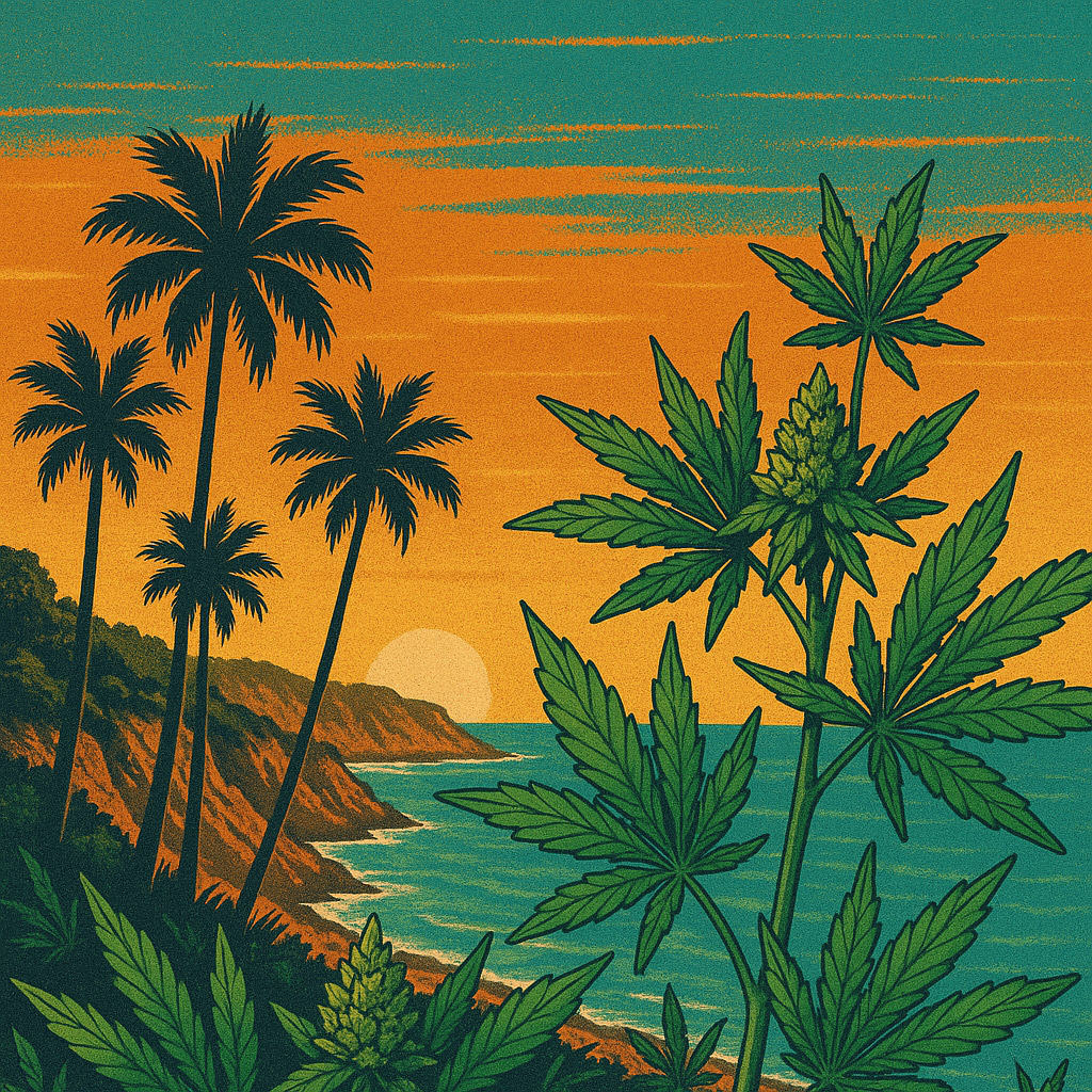 A vintage-inspired illustration depicts a scenic California coastline at sunset, with dramatic cliffs, palm trees, and ocean waves. In the foreground, lush cannabis plants with detailed leaves and buds frame the scene. The sky transitions from warm orange to teal, evoking a classic retro postcard feel.