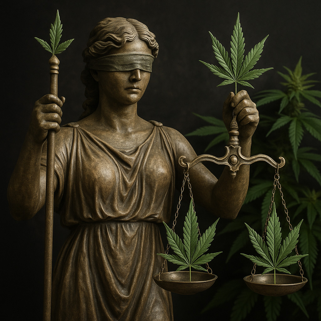 A hyper-realistic bronze statue of Lady Justice stands blindfolded, holding a scale with cannabis leaves balanced on each side. She grips a staff topped with a cannabis leaf, and lush cannabis plants fill the softly lit background, blending classical symbolism with modern cannabis justice themes.