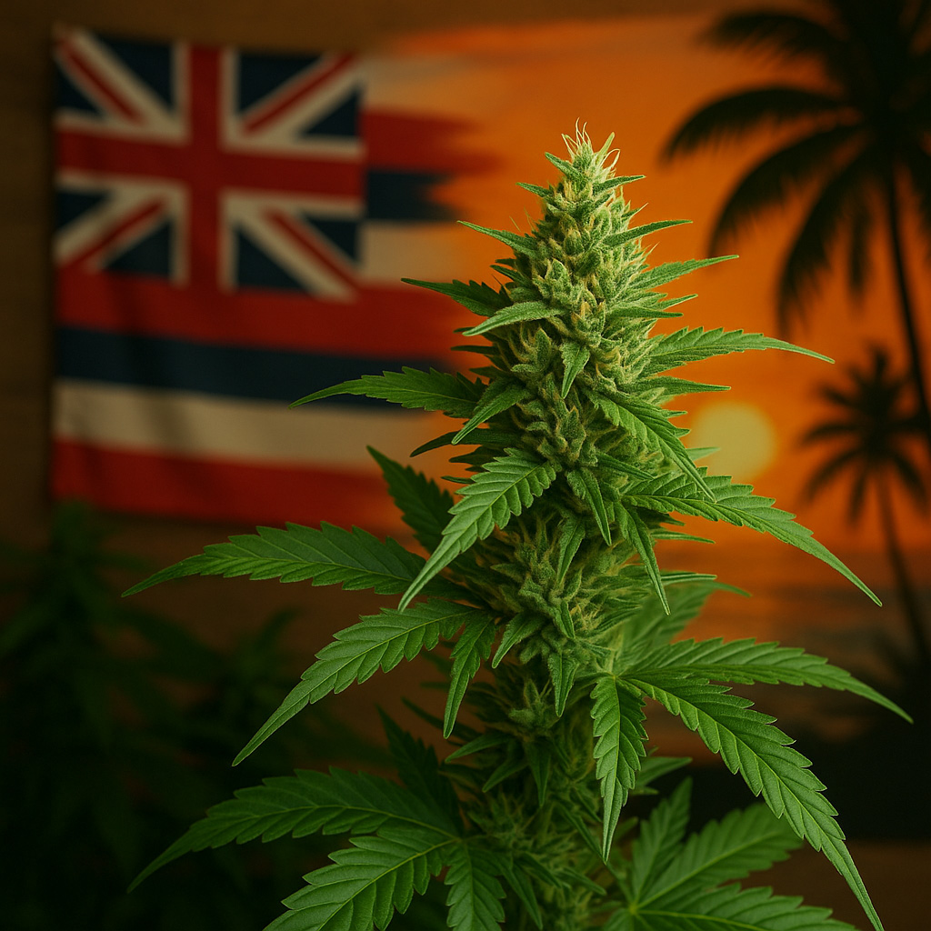 A close-up photograph of a vibrant cannabis plant with dense, crystal-covered buds and lush green leaves in the foreground. In the background, a Hawaiian flag is partially visible, along with a vivid tropical sunset scene featuring palm trees silhouetted against an orange sky.