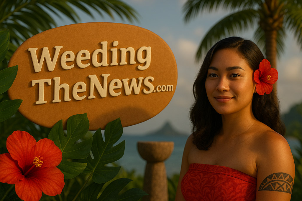 A high-resolution 3D-rendered image featuring a young Chamorro woman in traditional island attire, standing next to a tropical sign that reads “WeedingTheNews.com” in staggered casing. She wears a red hibiscus flower in her hair and a red patterned wrap, with a traditional Polynesian-style tattoo on her upper arm. Behind her are palm trees, lush greenery, a latte stone, and a calm ocean with distant mountains under a golden sky—capturing a serene, culturally rich Guamanian and Polynesian island theme.