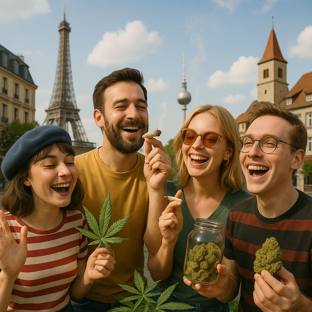 Four young adults — two men and two women — standing side by side in a sunny European plaza. Behind them rise the Eiffel Tower on the left and Berlin’s TV Tower on the right. They’re smiling and laughing: one woman holds a large cannabis leaf, the bearded man next to her holds a lit joint near his mouth, the blonde woman beside him holds a small joint and a glass jar full of buds, and the fourth friend grips a large cannabis bud. The sky is clear blue with a few fluffy clouds, and historic buildings and trees frame the scene.