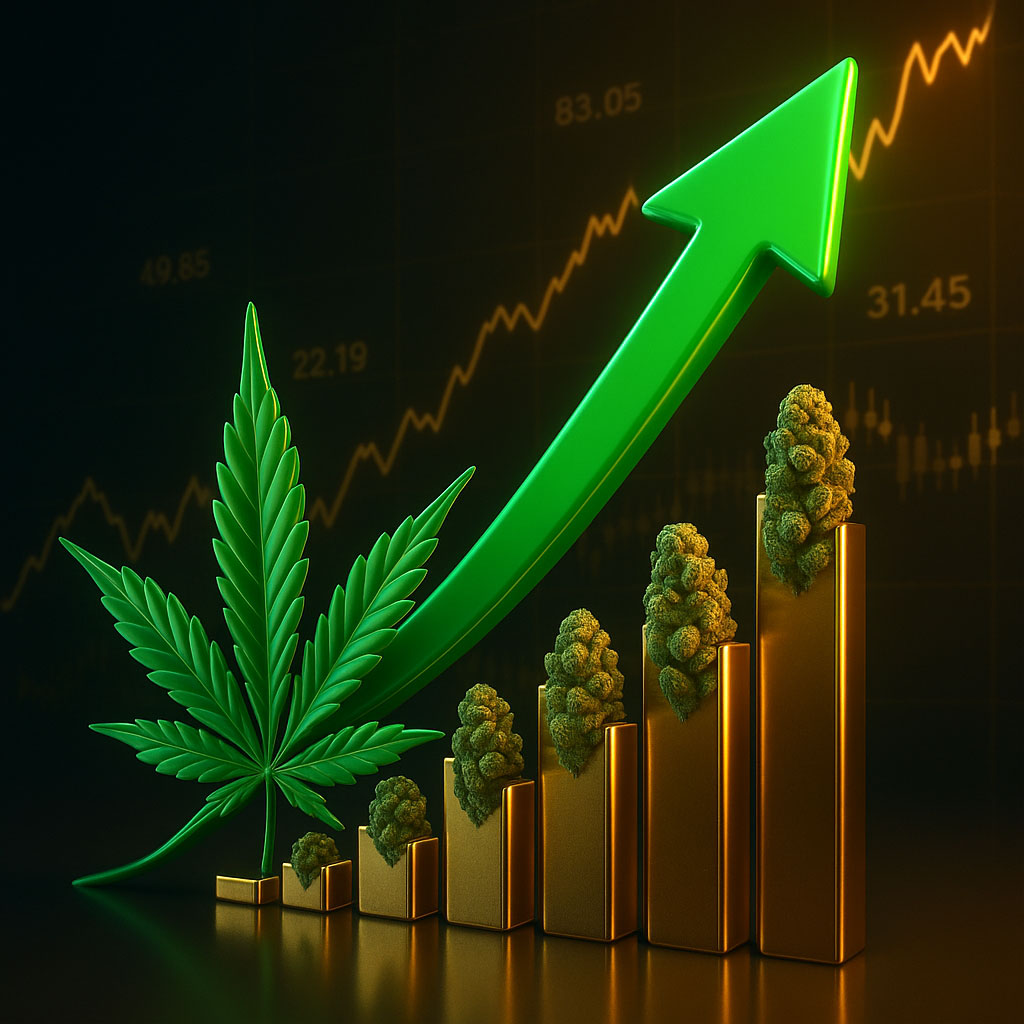 A dark 3D financial dashboard scene showing a large, reflective green arrow rising from a detailed cannabis leaf, arching over a series of golden bar-chart pillars topped with realistic cannabis buds, against a backdrop of faint glowing line graphs and numeric tickers.