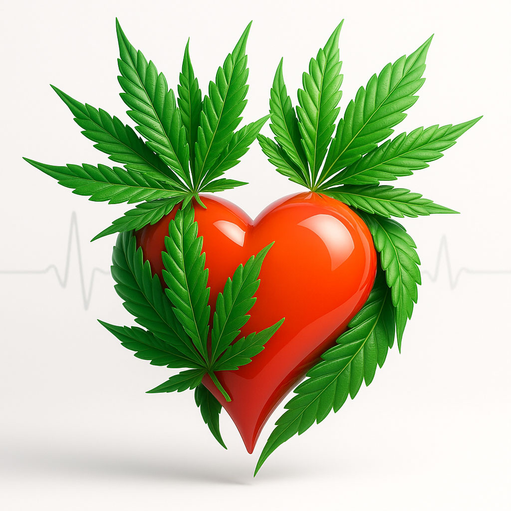 A glossy, three-dimensional red heart nestled within and partly wrapped by vibrant green cannabis leaves, set against a clean white background with a faint gray ECG line running horizontally behind the heart.