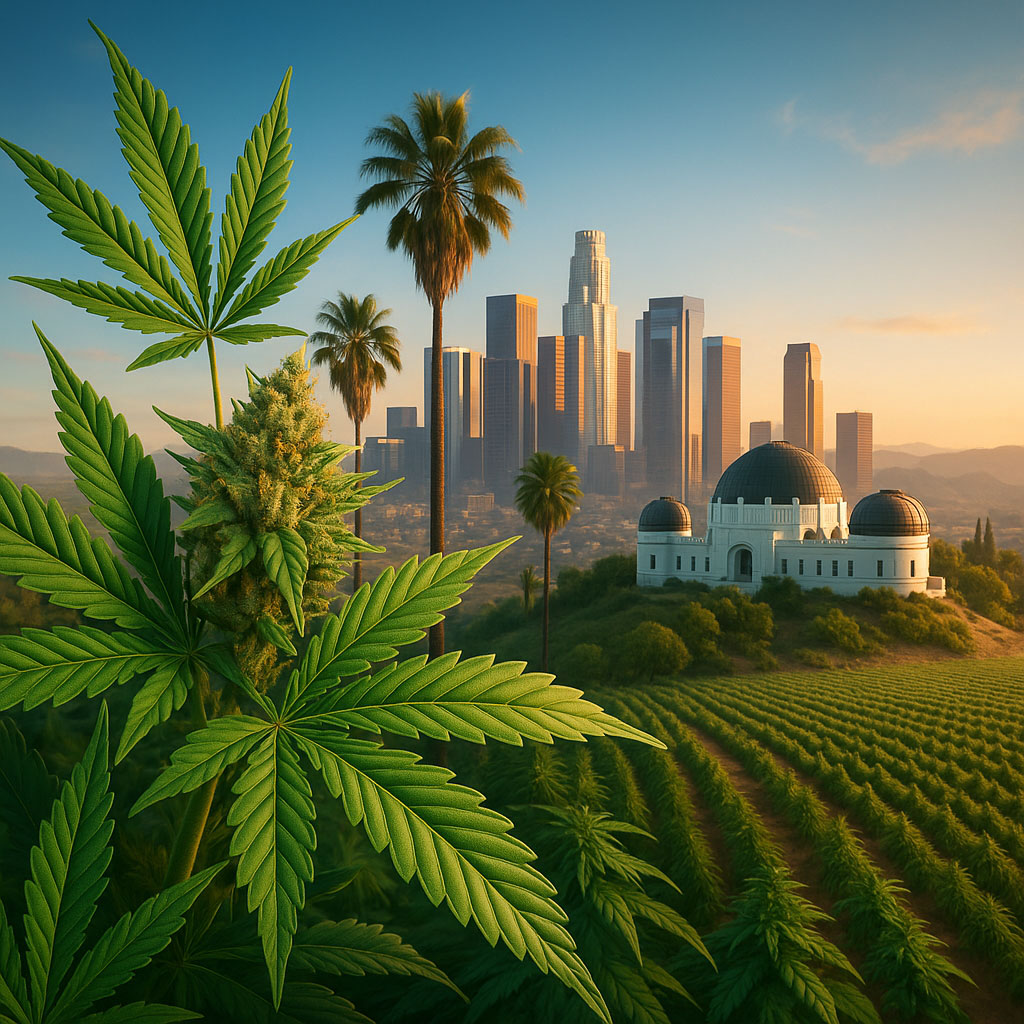 A detailed 3D-rendered scene showing a close-up of lush green cannabis leaves and a frosty bud in the foreground, with palm trees framing a sunlit Los Angeles skyline at sunset. The Griffith Observatory sits on a grassy hill to the right, overlooking neat rows of cannabis plants that stretch toward hazy hills in the distance, all bathed in warm golden light.