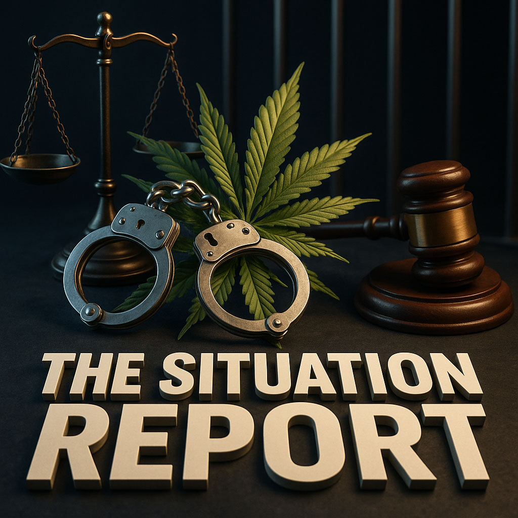A dramatic 3D digital illustration showing, from left to right, a brass balance scale, a large green cannabis leaf, and a wooden judge’s gavel resting on a dark surface. In front of the leaf lie a pair of open silver handcuffs. Behind these elements, out-of-focus vertical prison bars rise against a deep charcoal-gray background. Centered in the lower third of the image, bold, three-dimensional white letters spell out “The Situation Report.” The overall mood is tense and somber, with warm highlights on the metal and wood contrasting against cool, shadowy tones.