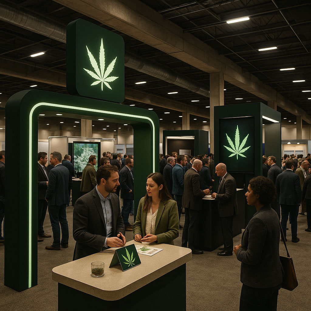 A spacious, industrial-style convention hall filled with dozens of attendees milling between sleek, dark green exhibition booths. In the foreground, a man in a gray blazer and a woman in a green blazer stand at a light-colored demo counter displaying a glass jar of cannabis flower and a small triangular sign with a glowing cannabis-leaf logo. Behind them, rows of tall, rectangular booths feature illuminated cannabis-leaf graphics on vertical screens. Overhead, exposed steel beams and rows of warm, recessed ceiling lights cast a soft, realistic glow across the polished concrete floor and the crowd of professionally dressed visitors.