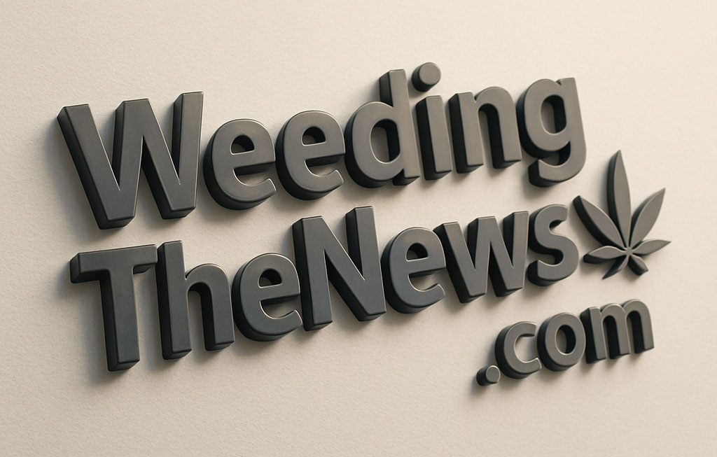 A three-dimensional, dark gray rendering of the text “WeedingTheNews.com” appears on a light, subtly textured background. The bold letters are viewed from a slightly elevated, three-quarter-right angle, casting soft shadows that give a realistic “pop-off-the-page” effect. A stylized cannabis leaf in matching dark gray sits to the right of the word “News,” reinforcing the professional yet upbeat theme.