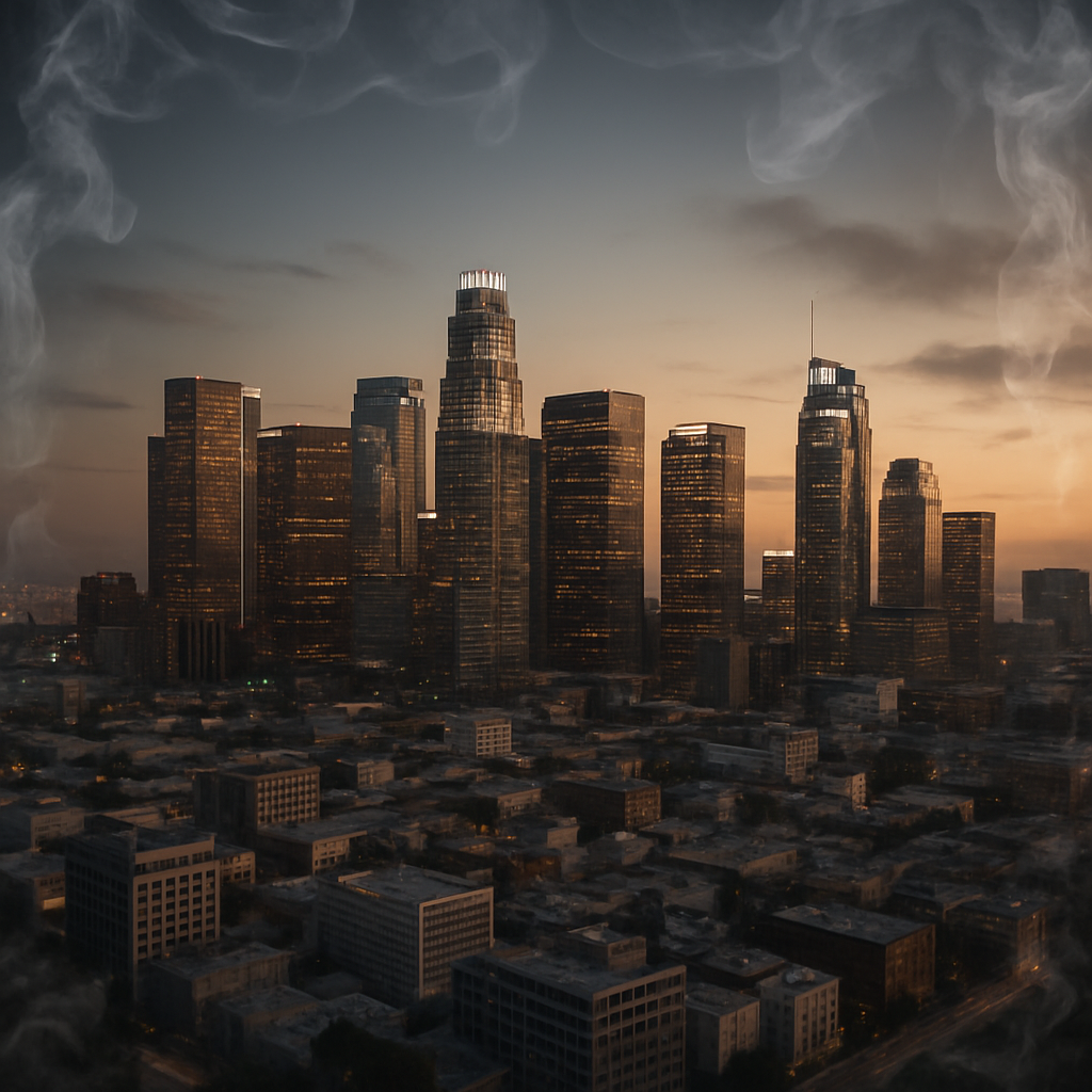 A hyper-realistic 3D render of the Los Angeles skyline at dusk, viewed from a slight elevation. In the foreground, low-rise buildings fade into the densely packed downtown core of gleaming glass and concrete high-rises, including the US Bank Tower and Wilshire Grand Center. Warm sunset light reflects off the towers’ windows, contrasting with the coolening blue sky overhead. Wispy tendrils of smoke drift along the top and sides of the frame, subtly veiling the edges and adding an atmospheric, cinematic quality.
