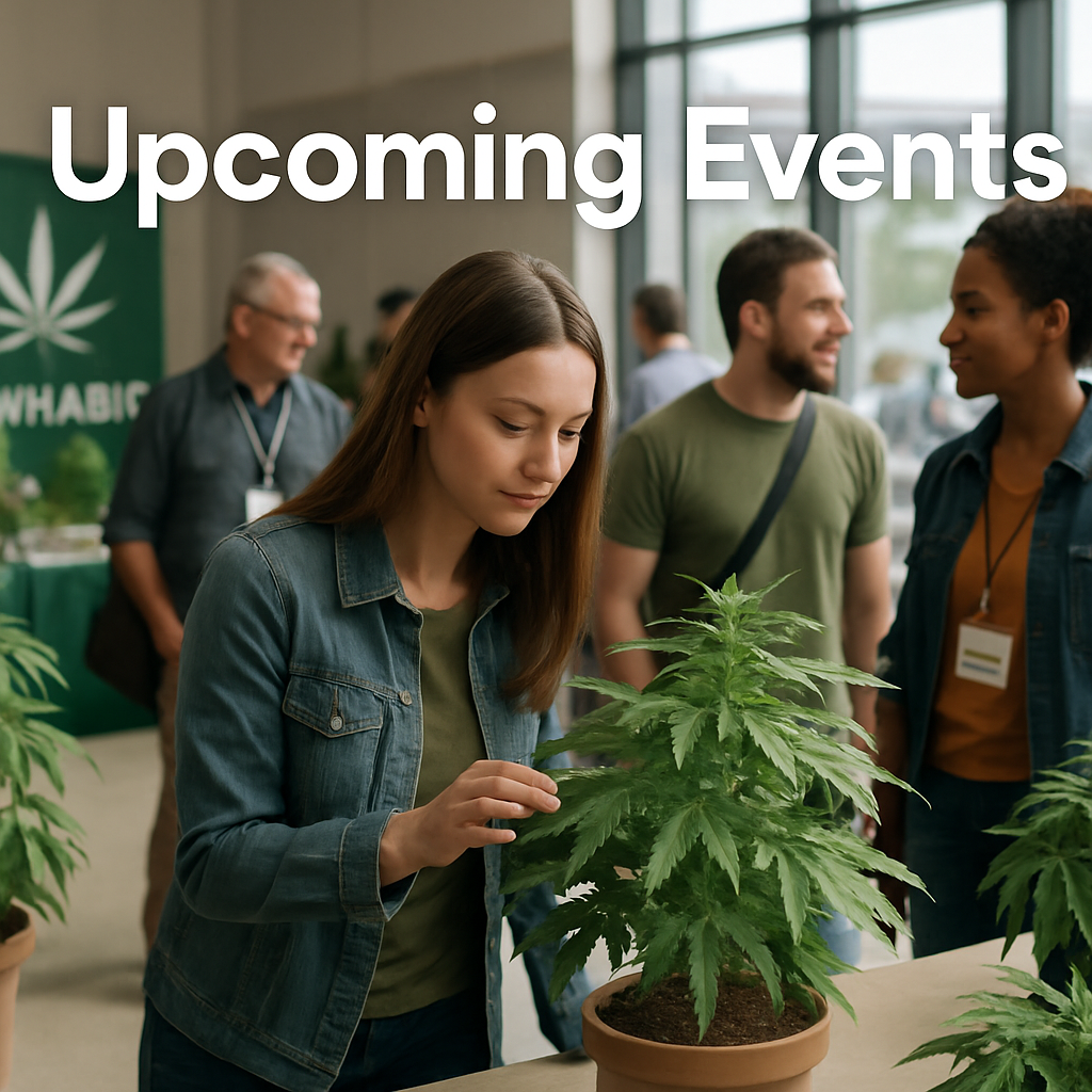 A realistic 3D-rendered scene of an indoor cannabis expo: in the foreground, a young woman gently touching a potted cannabis plant on a display table; behind her, two attendees—one man and one woman—chat as they browse other exhibits. Large windows let in soft daylight, and a green banner with a stylized leaf logo is visible in the background. Bold white text reading “Upcoming Events” spans the top of the image.