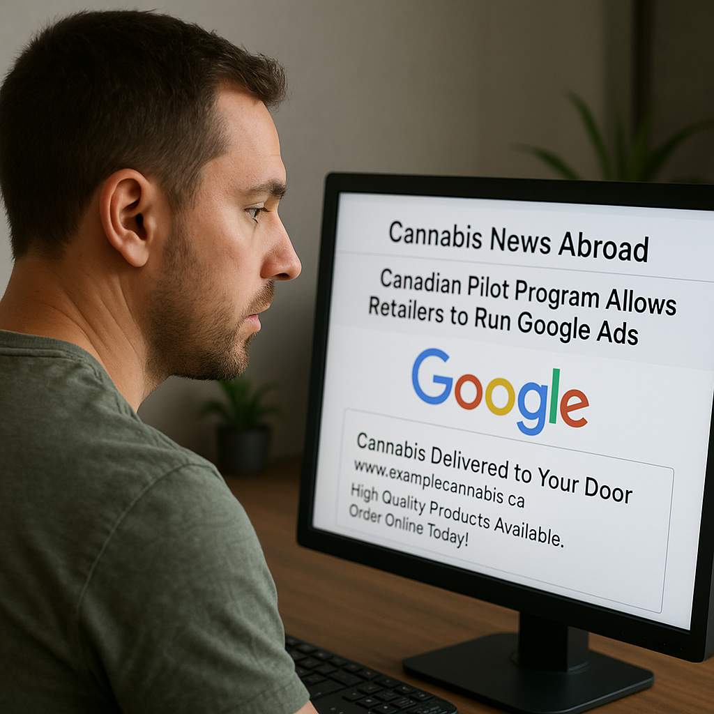A 3D-style, 800×600 over-the-shoulder view of a light-skinned man in a green T-shirt looking at a computer monitor that displays a Google search results page titled “Cannabis News Abroad: Canadian Pilot Program Allows Retailers to Run Google Ads,” with a highlighted ad reading “Cannabis Delivered to Your Door – www.examplecannabis.ca.”